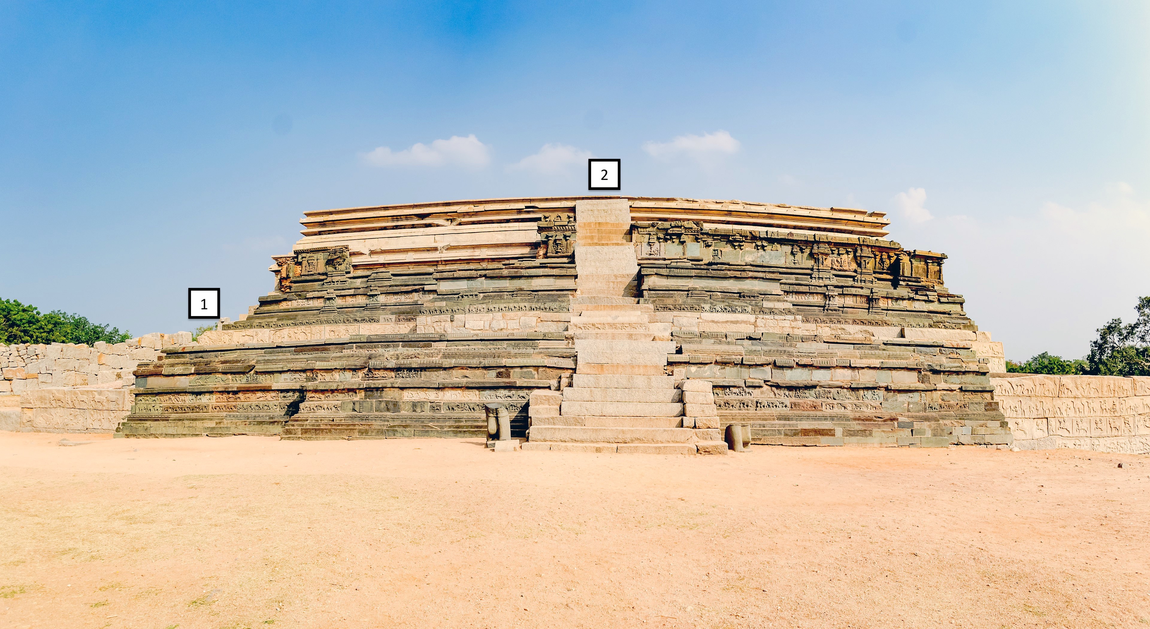 Mahanavami Dibba - full view three-level stone platform covered in carvings