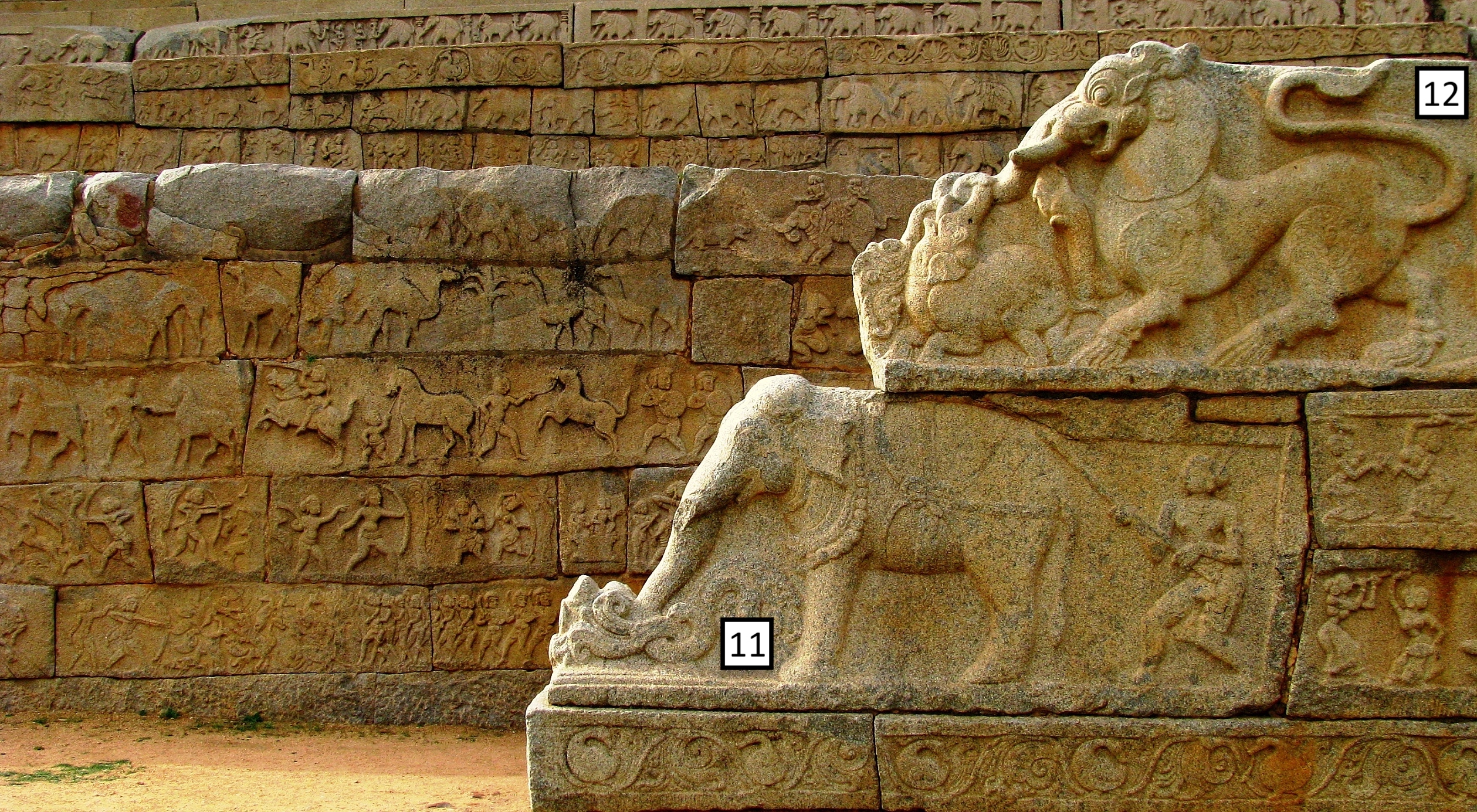 Mahanabami Dibba - detail of elephant and lion balustrade stone staircase with lion and elephants