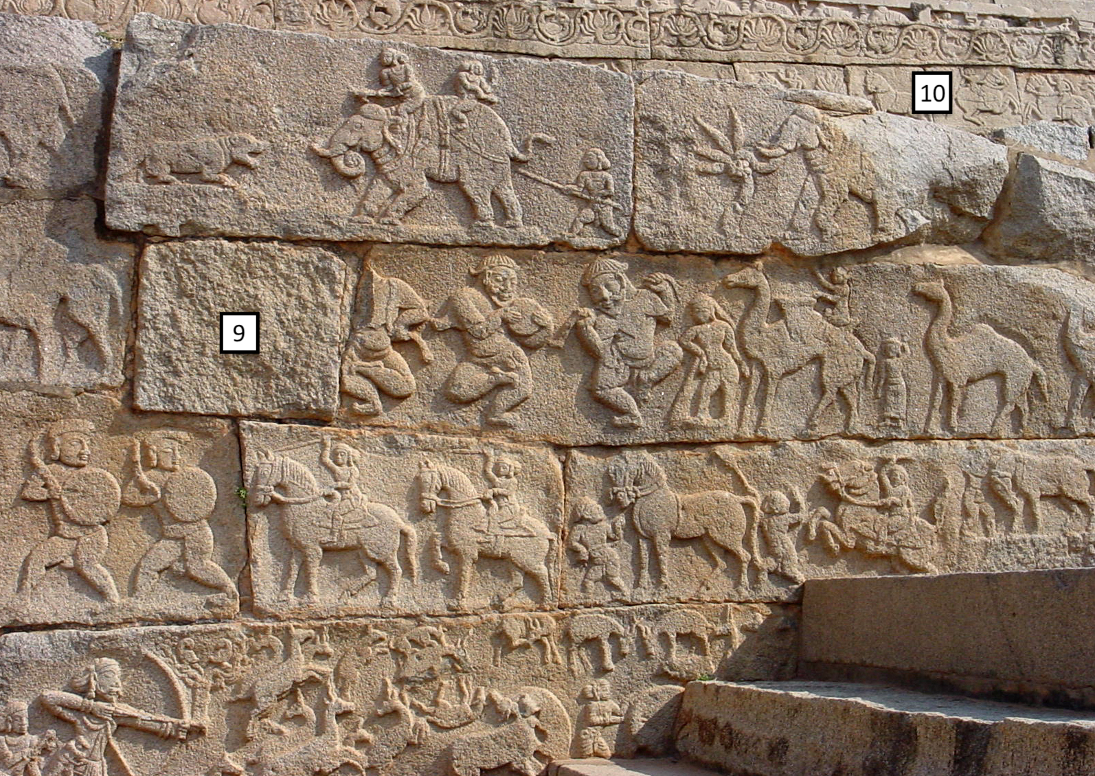 Mahanabami Dibba - detail of south staircase stairs with carving of lion and elephants