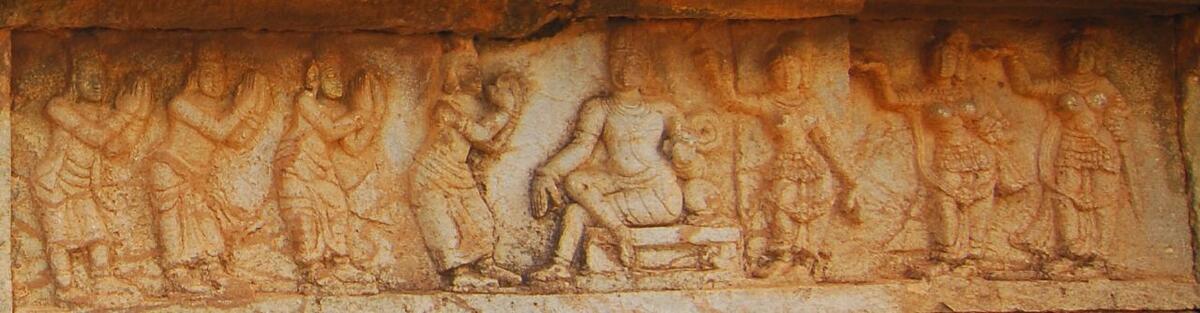 Mahanavami Dibba - detail of royal audience seated king (center) with men on left and women on right