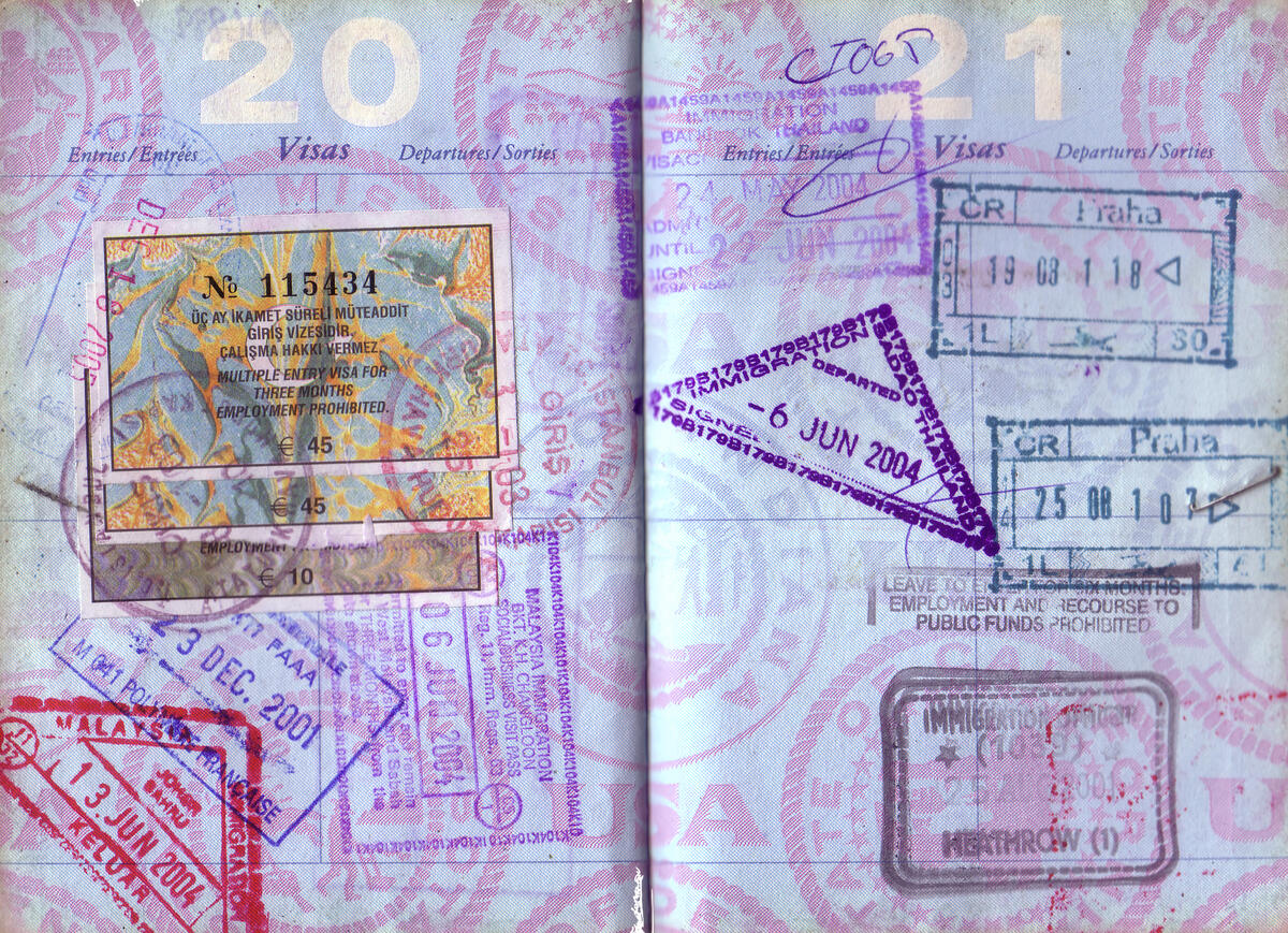 passport page with stamps from many countries