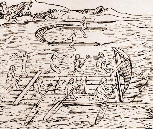 line drawing of 8 people on a giant raft with a sail