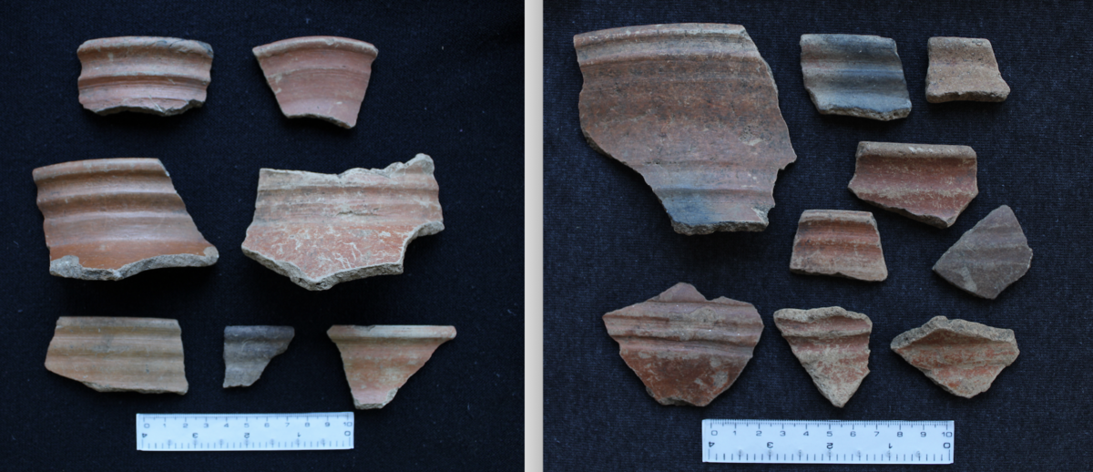 pieces of ceramics, brownish-orange with horizontal ridges