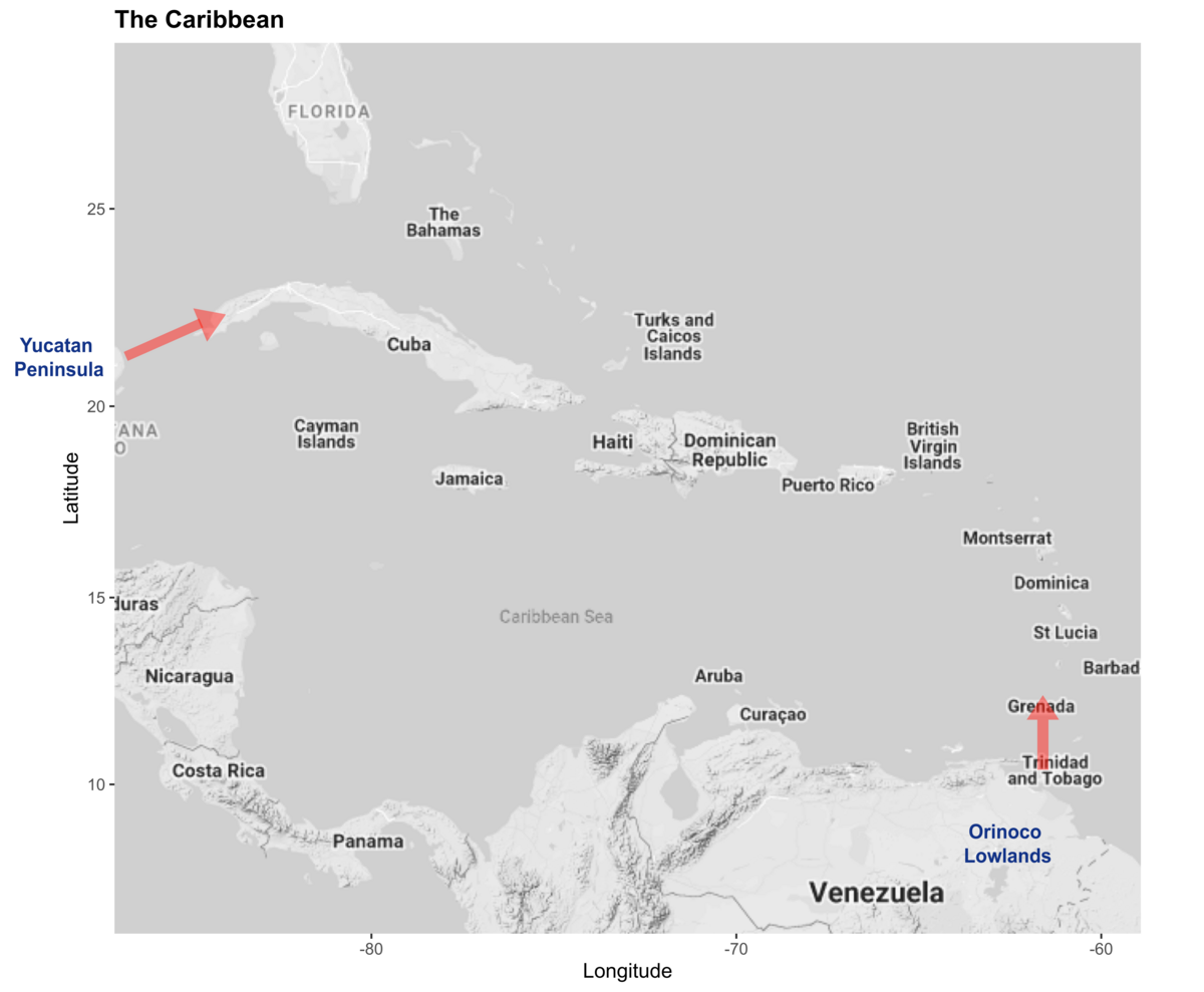 One migration route begins in western Cuba. The other begins at Trinidad and Tobago.