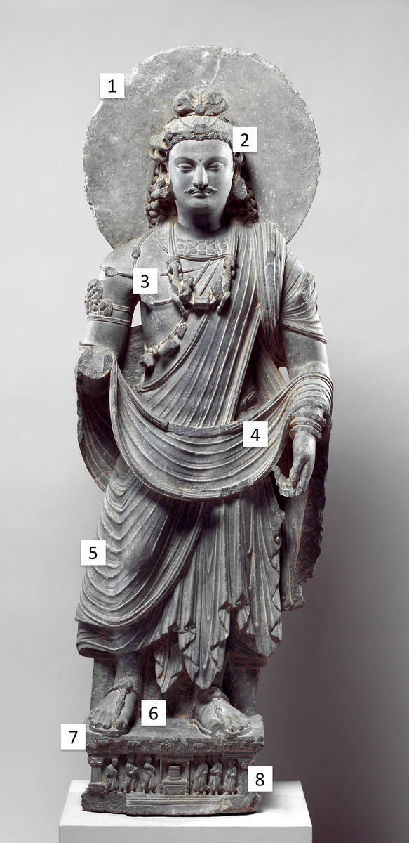 Standing Bodhisattva Maitreya (with numbers) sculpture of a man with halo, with numbers