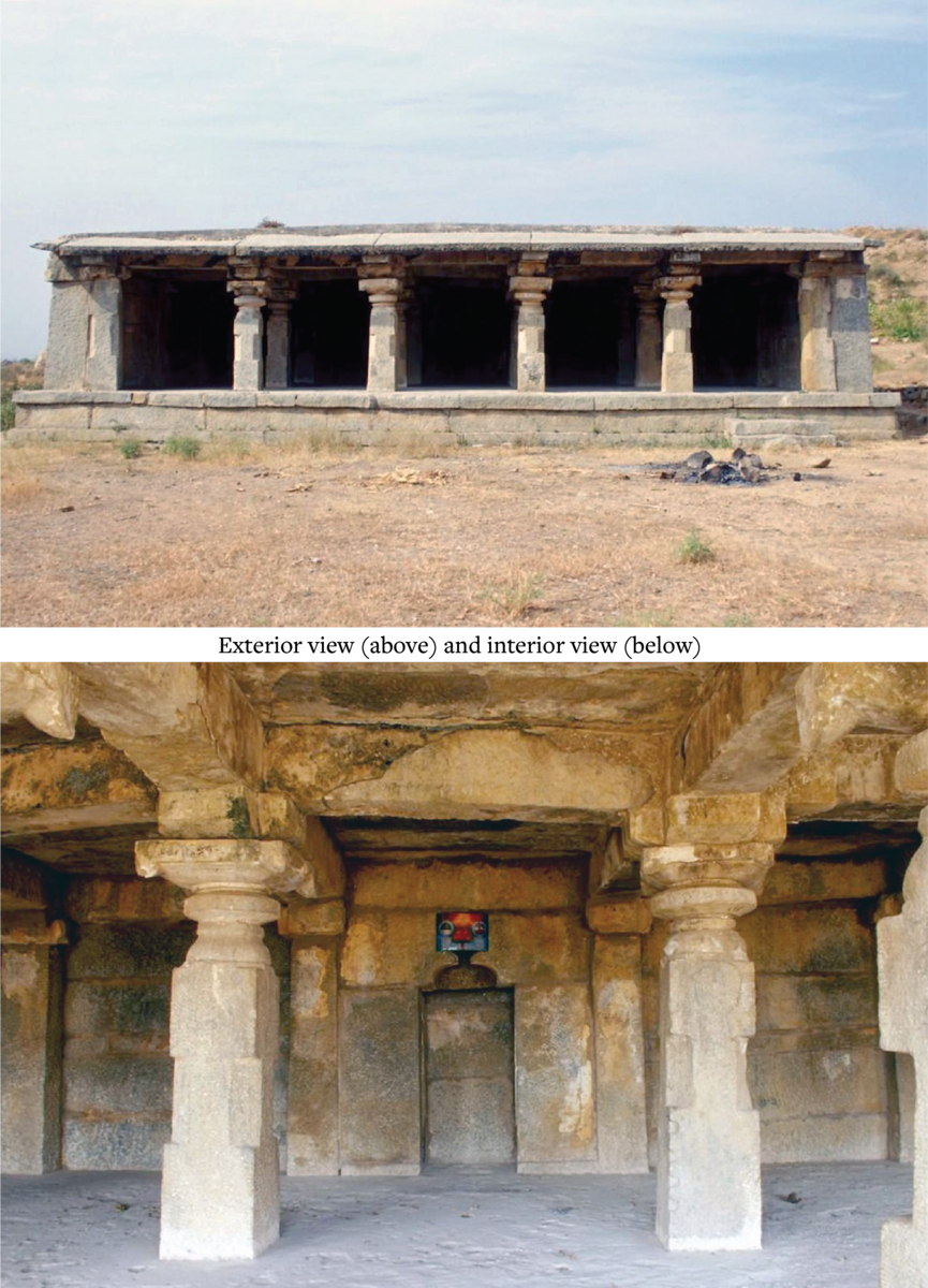 exterior and interior views of low flat stone building