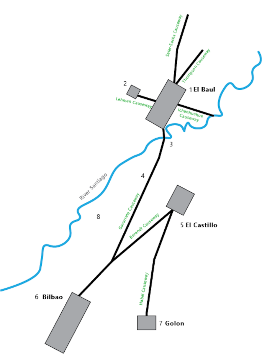 From north to south: El Baul, El Castillo, Bilbao, and Golon, all connected by causeways.