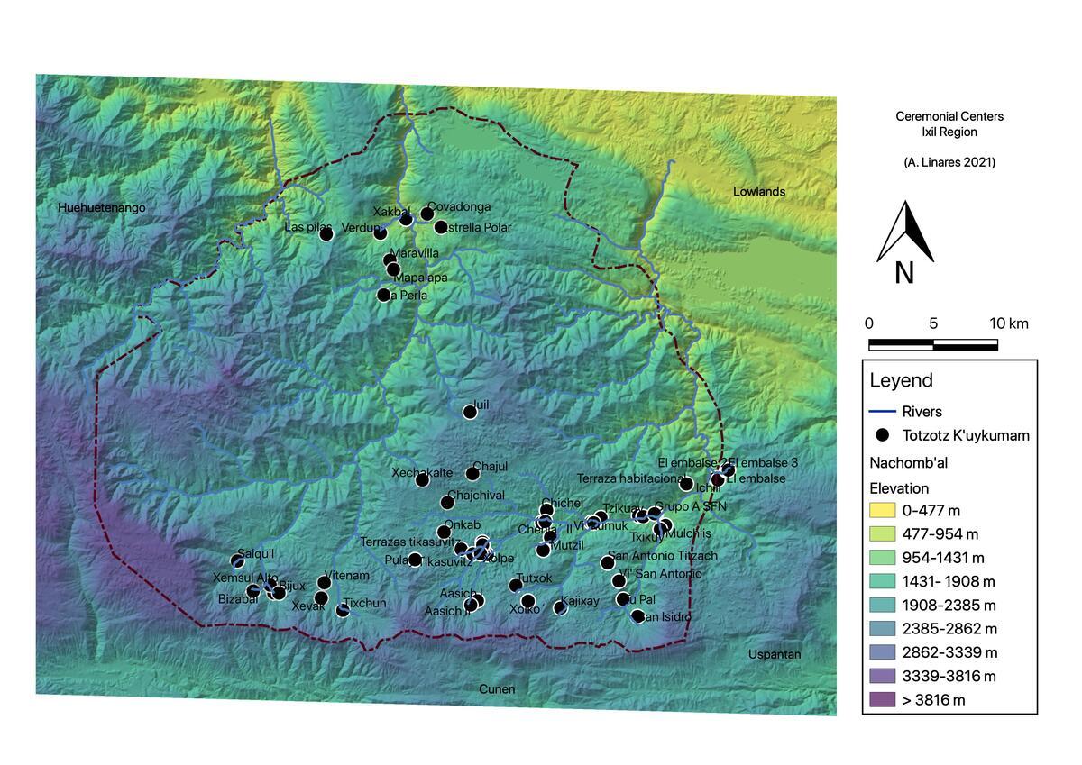 Map showing archaeological sites in Ixil region, heavily centered in south