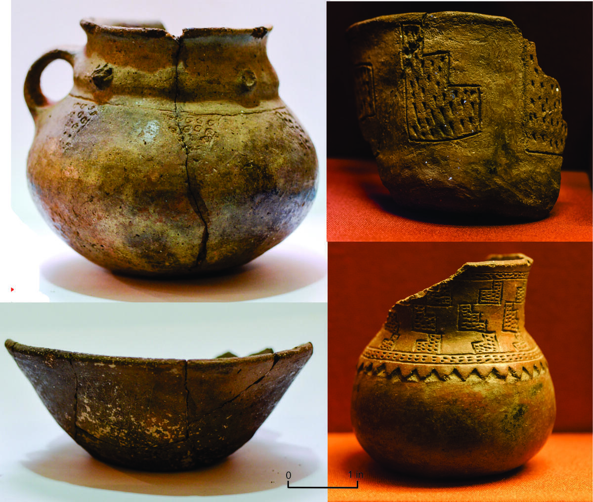 four ceramic vessels featuring embossed designs