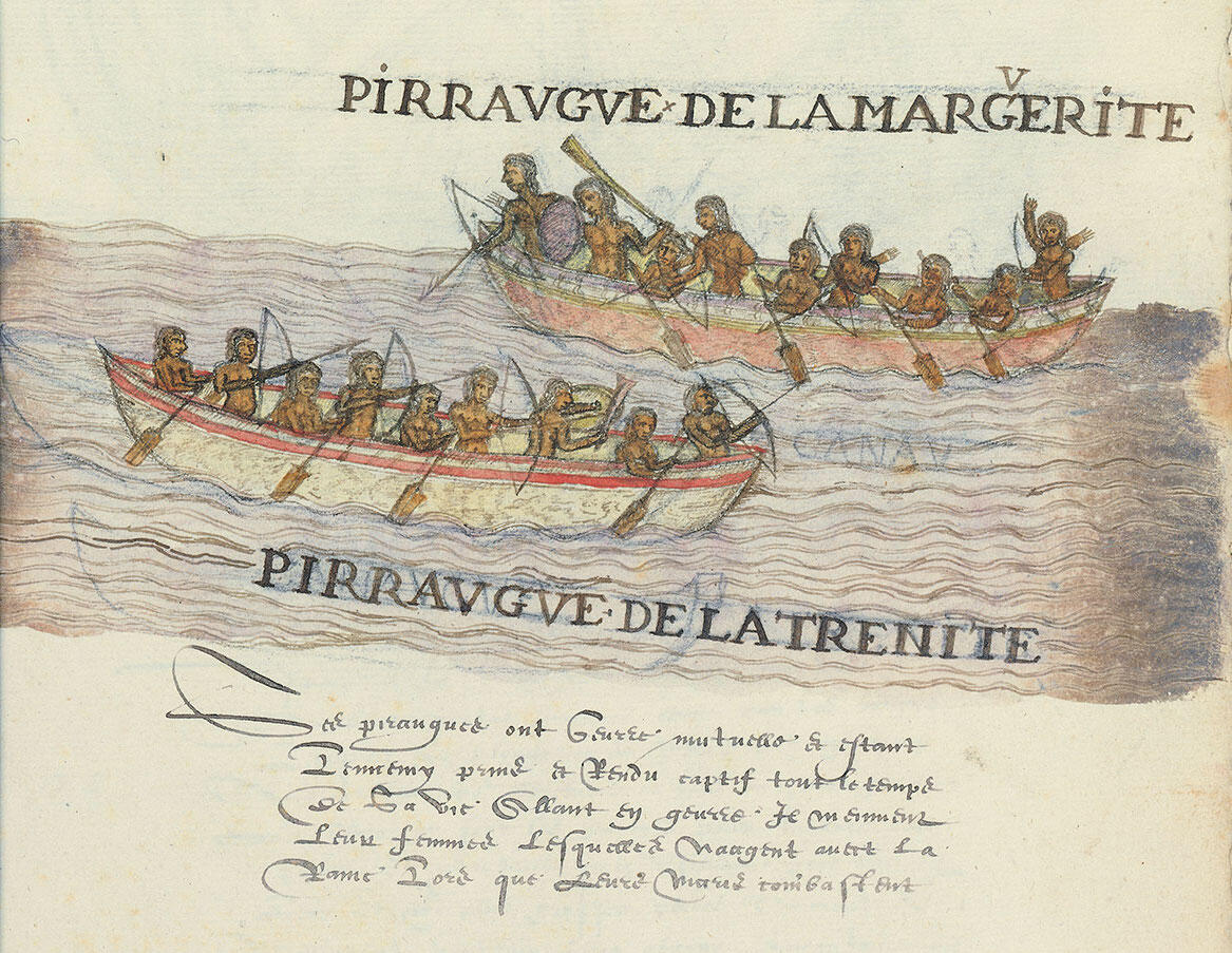 two canoes filled with men and women, engaged in conflict
