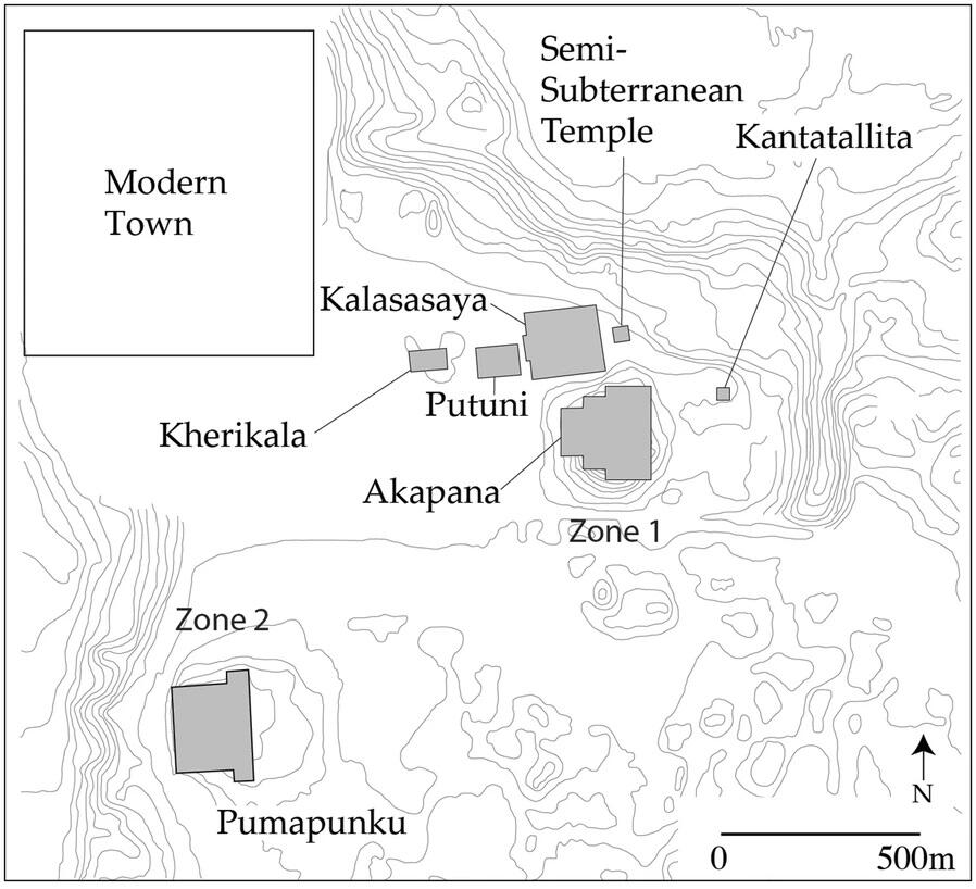 line drawing map with Akapana (pyramid) in center, shows location of 6 other structures