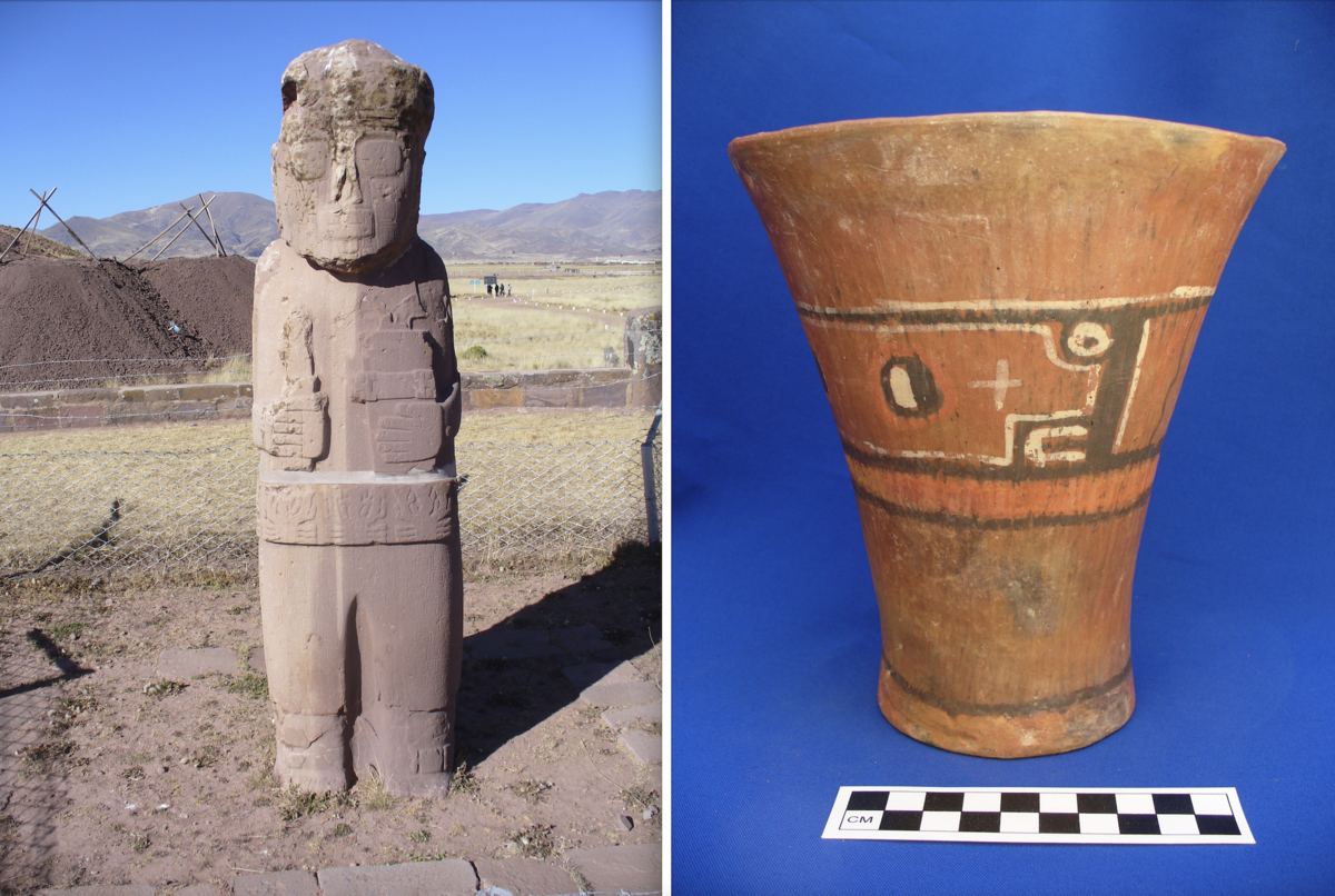 on left, carved reddish stone statue holding a vessel in one hand; on right ceramic vessel