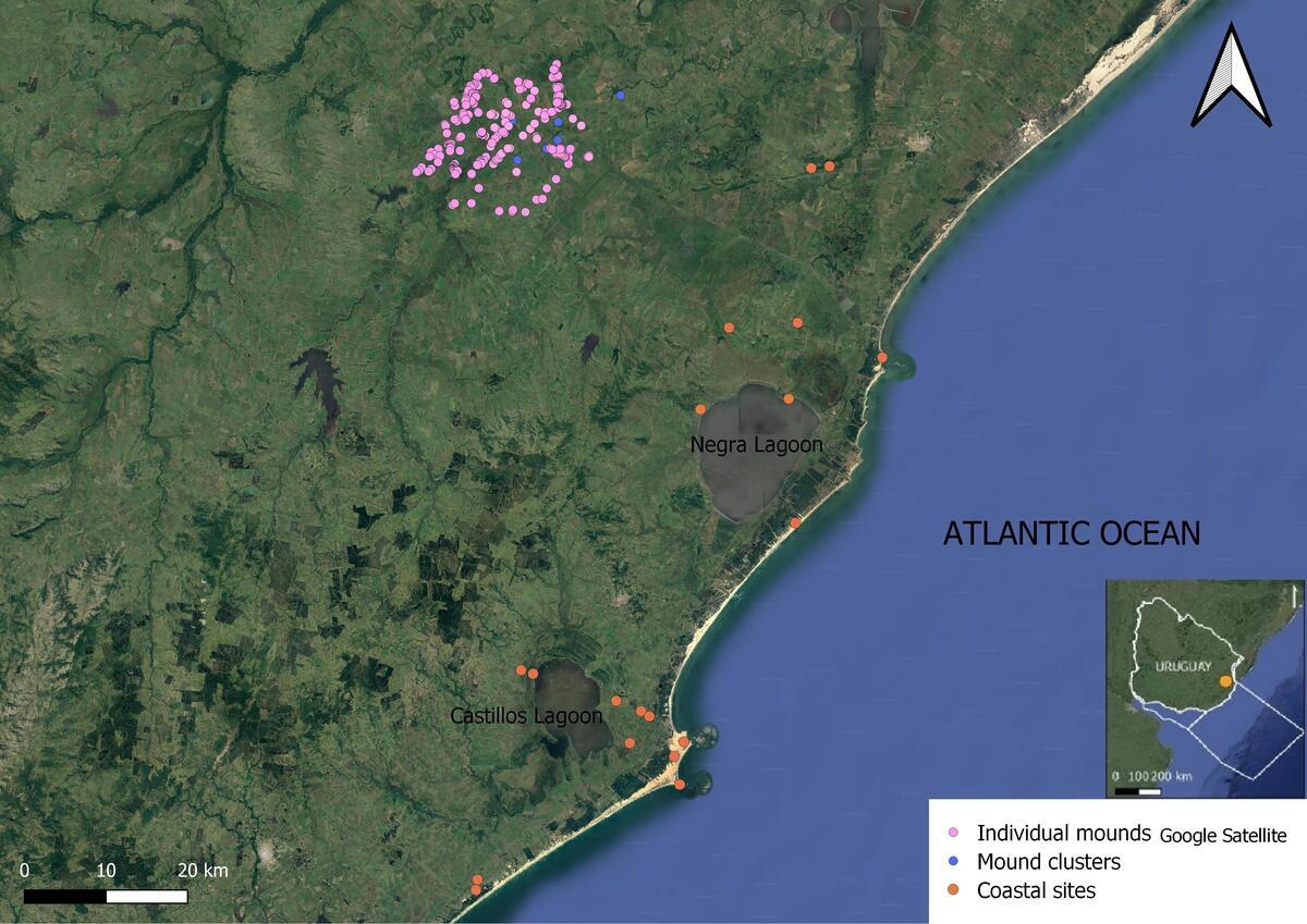 map of coastal area with mounds marked by dots