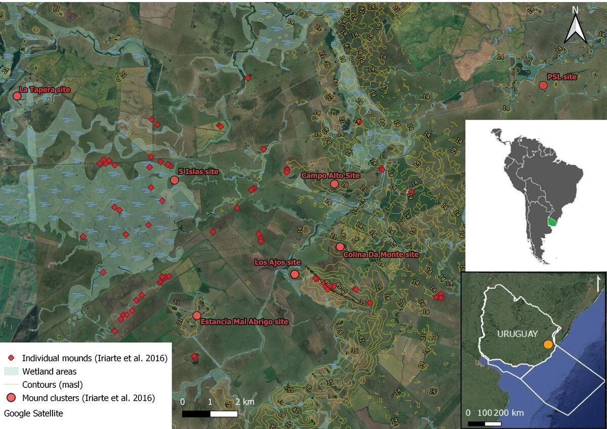topographical map of Uruguay showing archaeological sites