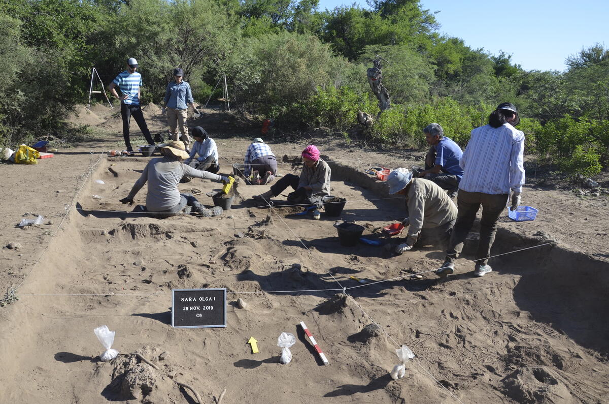 excavation site, several people sit in gridded squares within a shallow pit, sifting dirt
