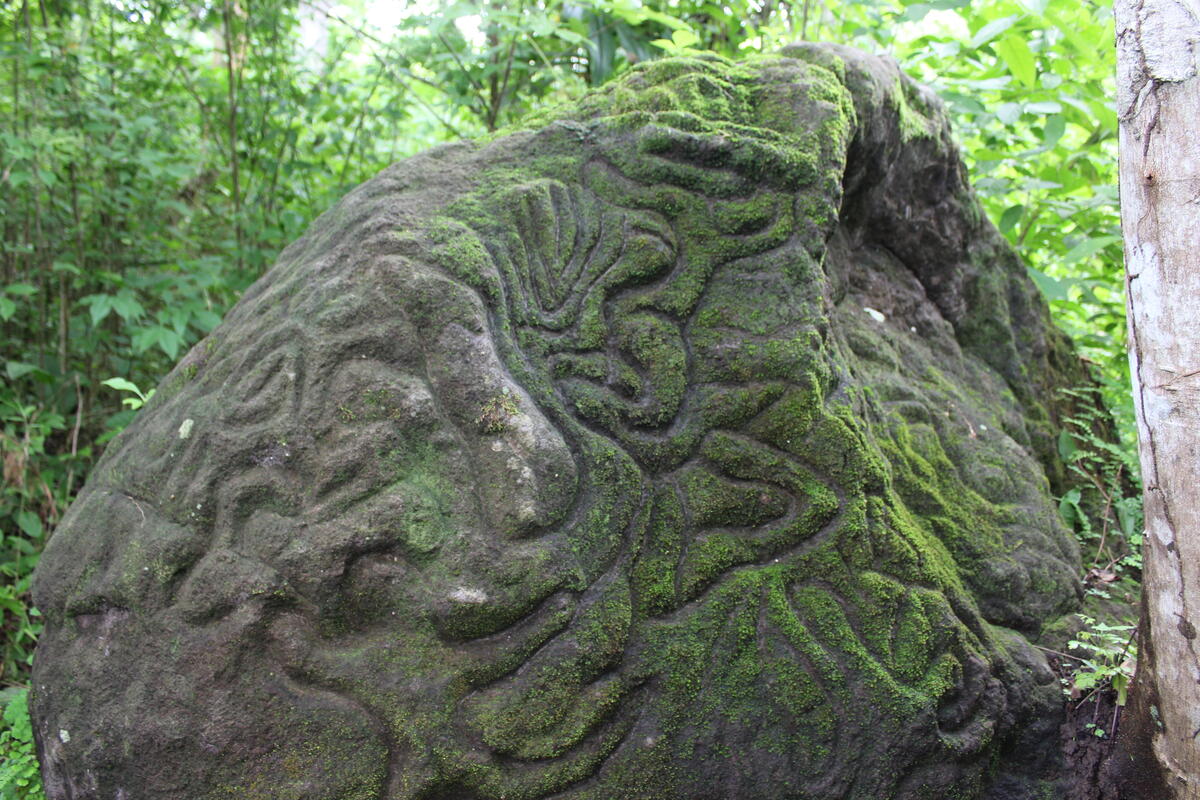 large boulder covered with geometric carvings, also covered in moss