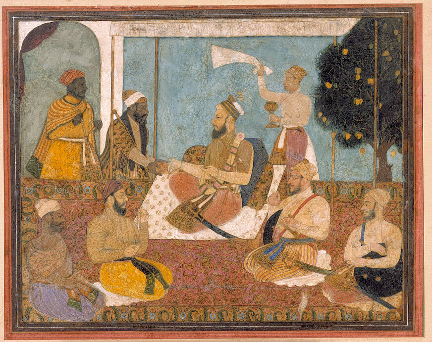 Muhammad Adil Shah Selects a Jewel One man presents another man with a jewel, while others look on.