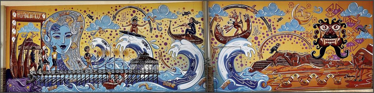 wall mural featuring waves, surfers, fishermen, and Moche iconography