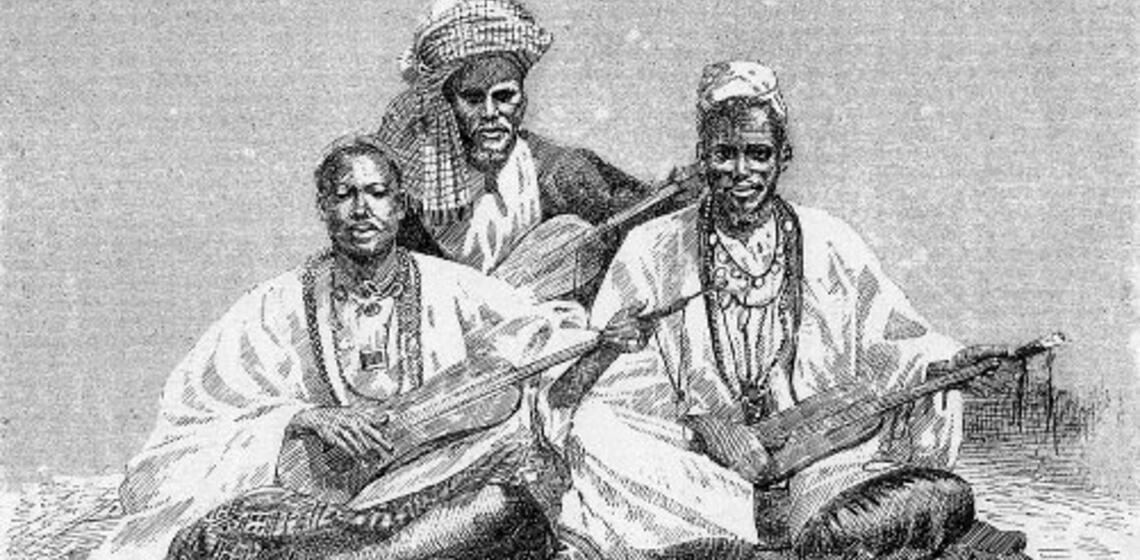 line drawing of three men sitting with instruments
