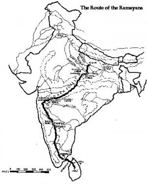 Map of route taken in Ramayana