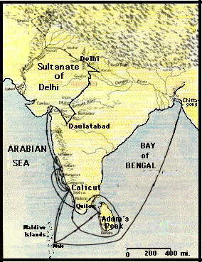 Map of Ibn Battuta's route in Maldives and Sri Lanka